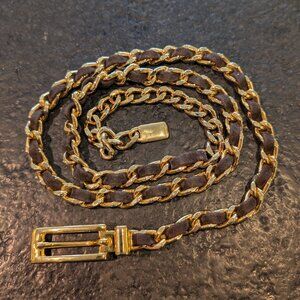 Womens Skinny Gold and Brown Leather Strip Chain Link Belt - Small